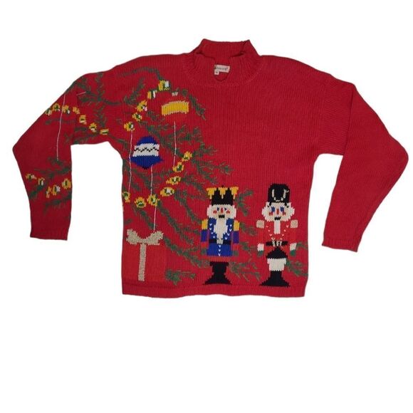 VINTAGE 90s red Nutcracker mock neck‎ Christmas holiday sweater M - Picture 1 of 10